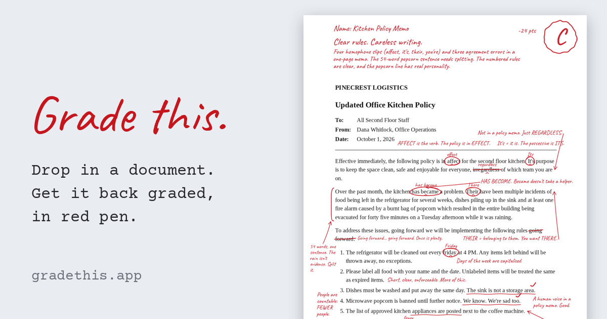 gradethis.app - a free app that returns your writing marked up in red pen, like a teacher would.